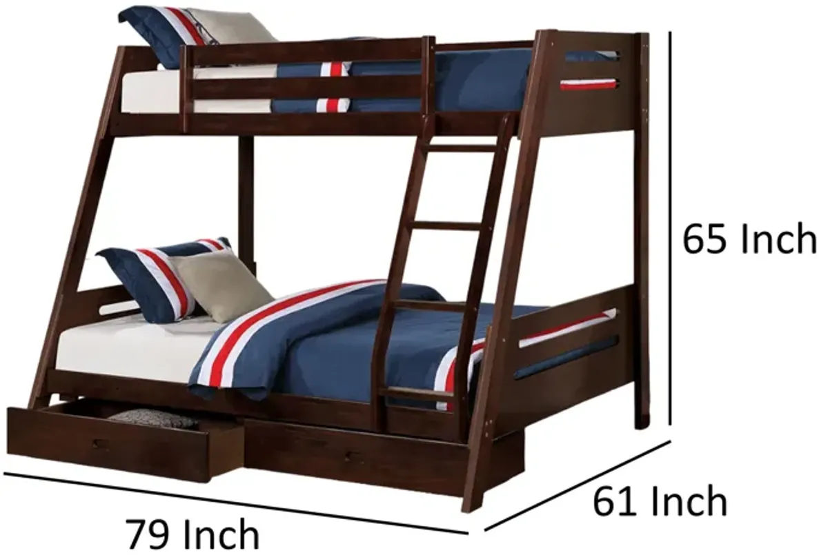 Emily Twin Over Full Bunk Bed with Ladder, 2 Drawers, Espresso Brown Wood