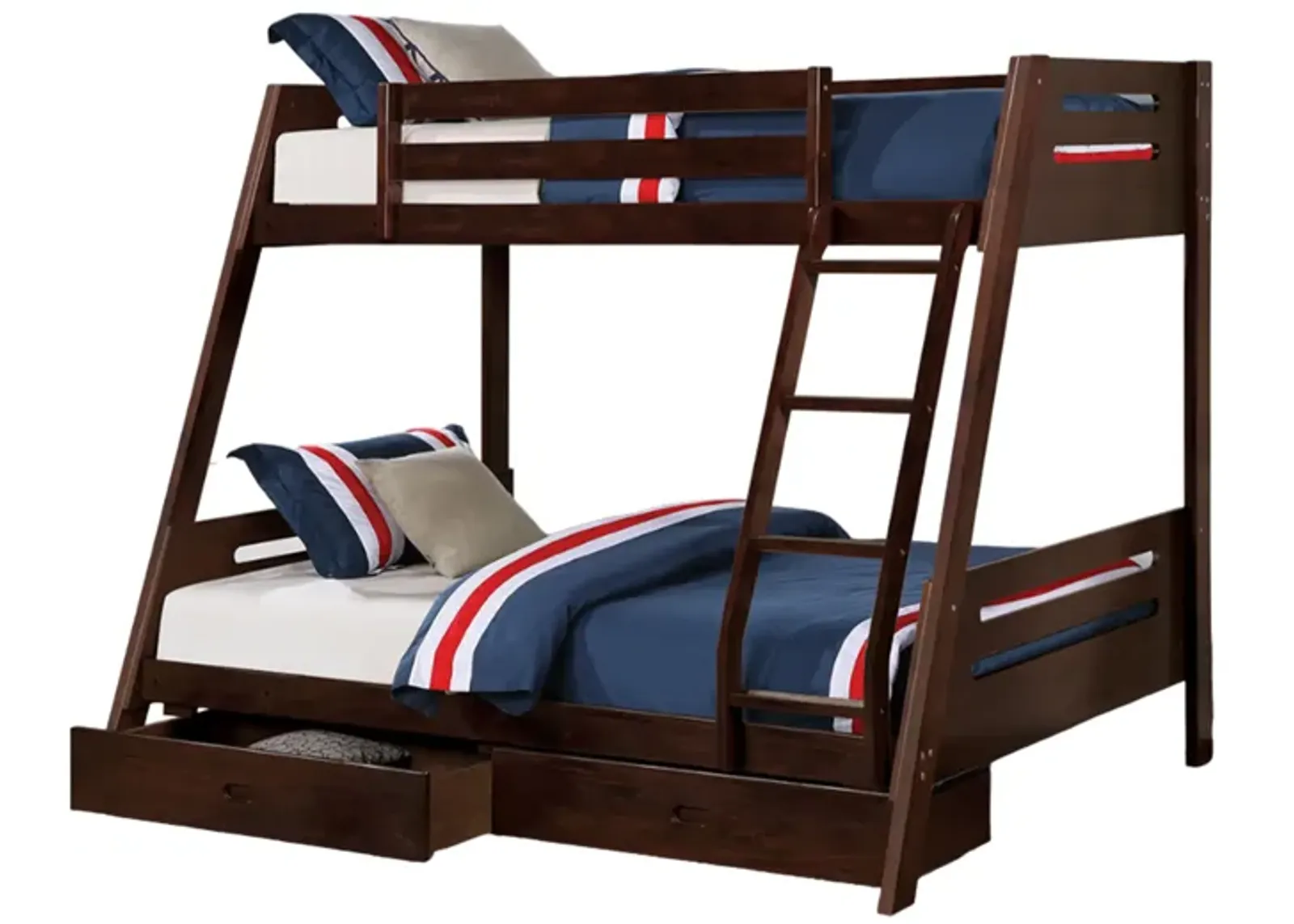 Emily Twin Over Full Bunk Bed with Ladder, 2 Drawers, Espresso Brown Wood