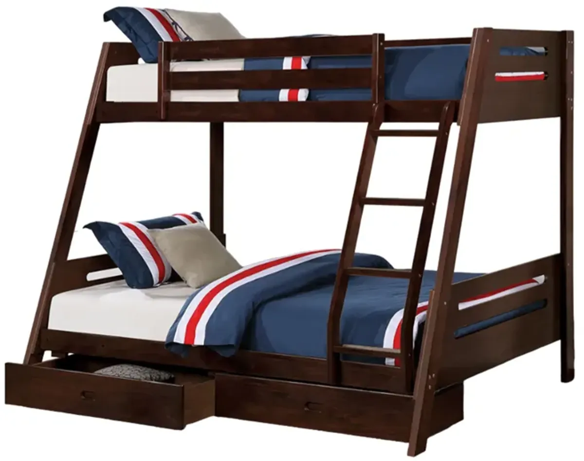 Emily Twin Over Full Bunk Bed with Ladder, 2 Drawers, Espresso Brown Wood