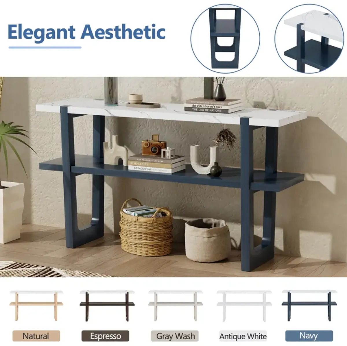 Clihome Narrow Console Table with Marble-Effect Top, Retro Entryway Table with Open Shelf, Sofa Table for Entryway, Hallway and Living Room (Espresso)