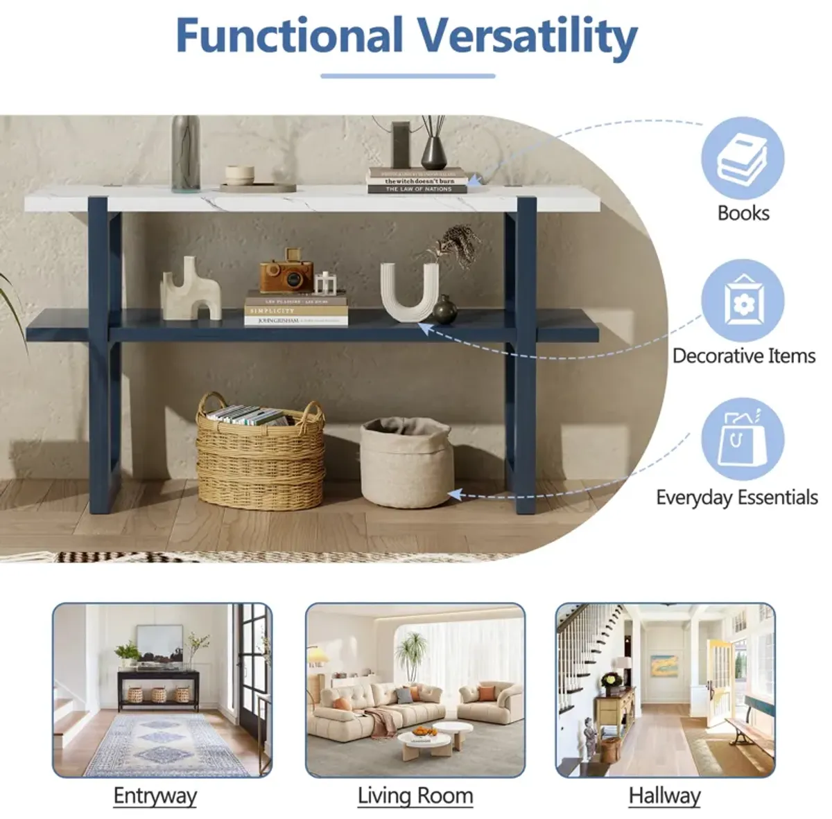 Clihome Narrow Console Table with Marble-Effect Top, Retro Entryway Table with Open Shelf, Sofa Table for Entryway, Hallway and Living Room (Espresso)