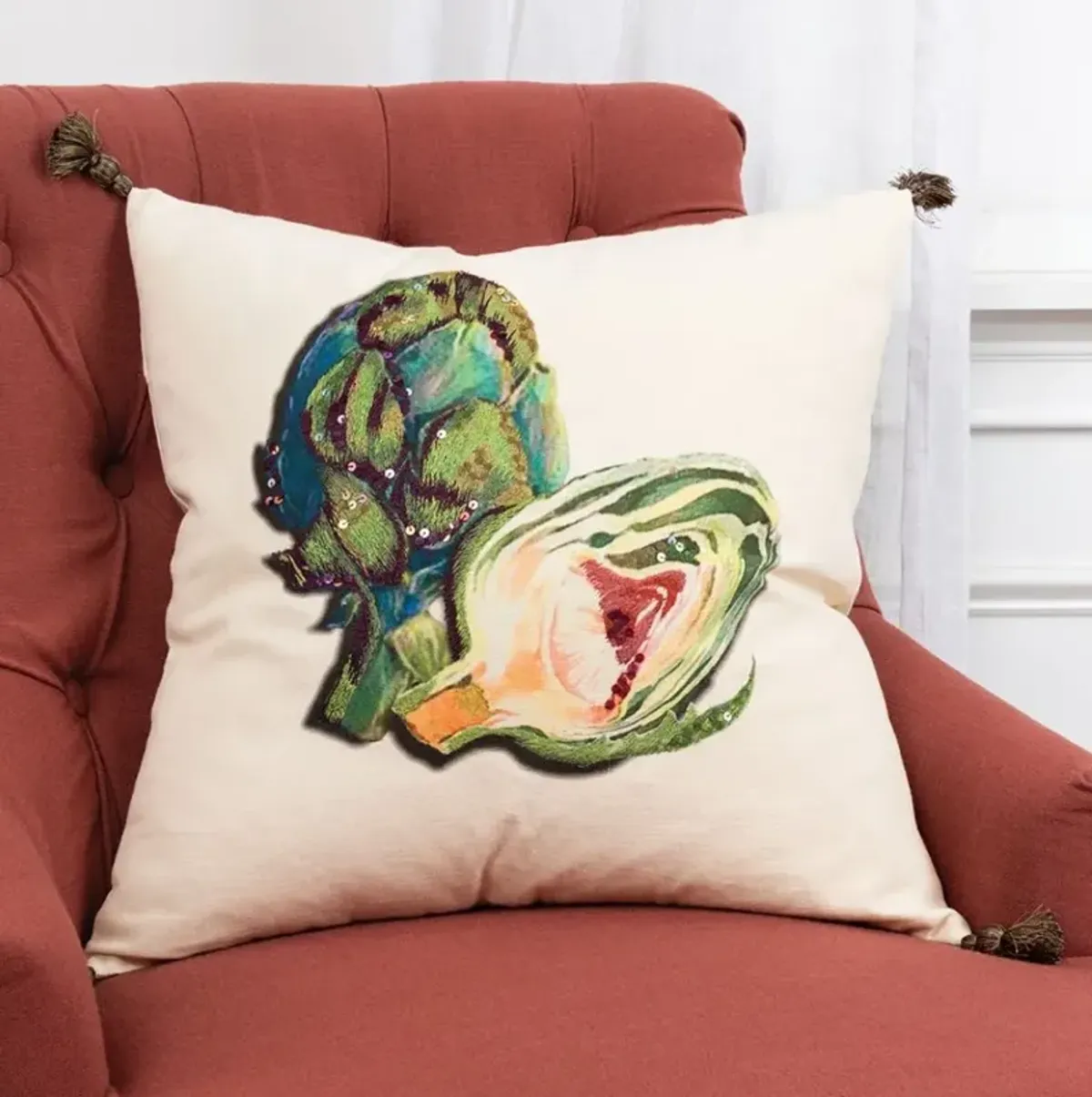 Hivvago White Green Embroidered Artichoke Throw Pillow