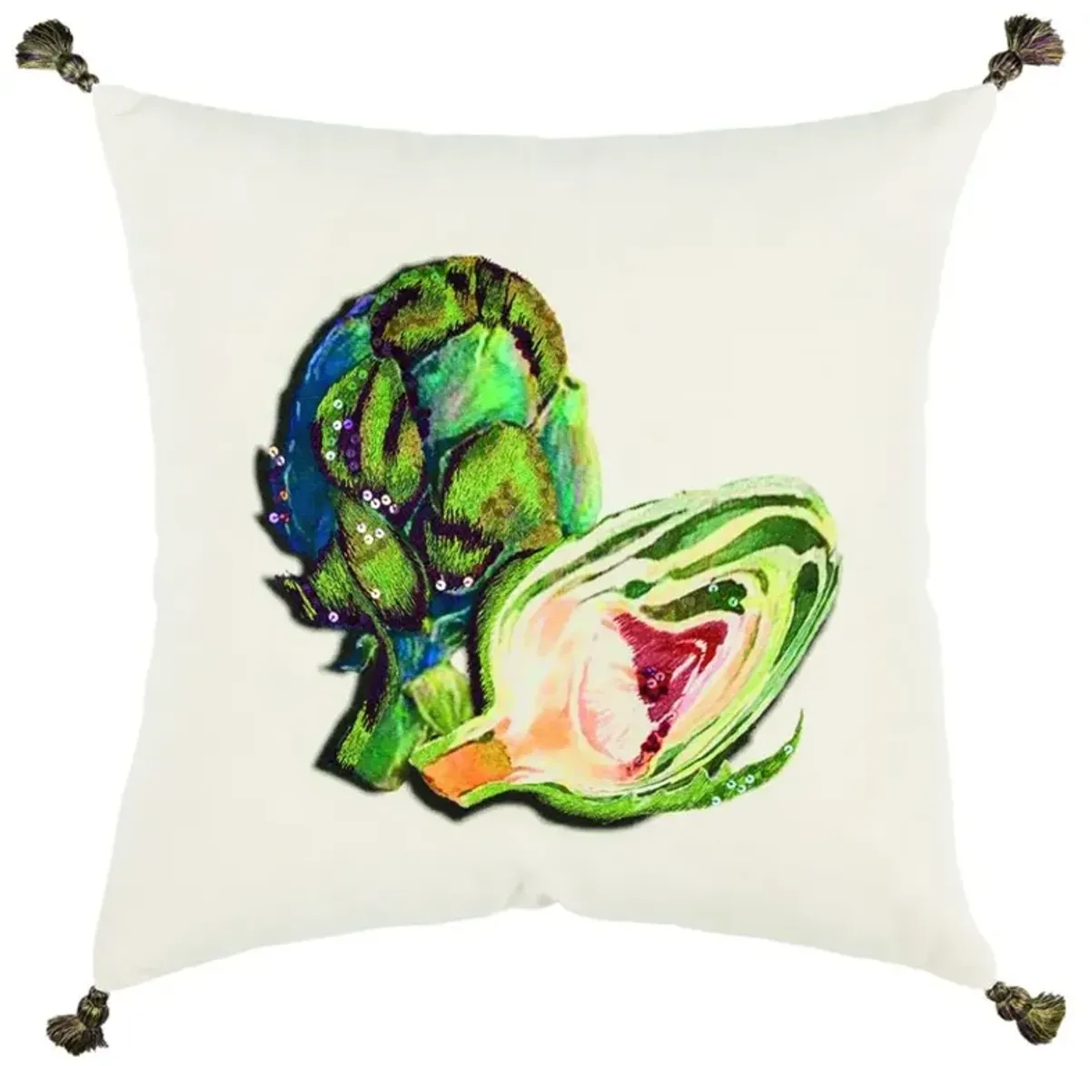 Hivvago White Green Embroidered Artichoke Throw Pillow