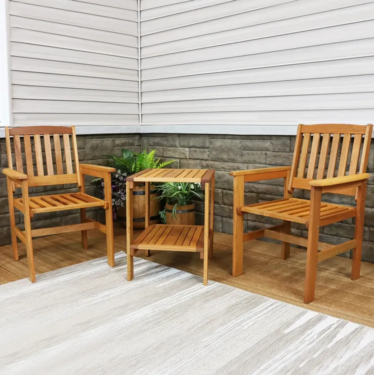 Sunnydaze Meranti Wood 3-Piece Patio Conversation Set with 2 Chairs