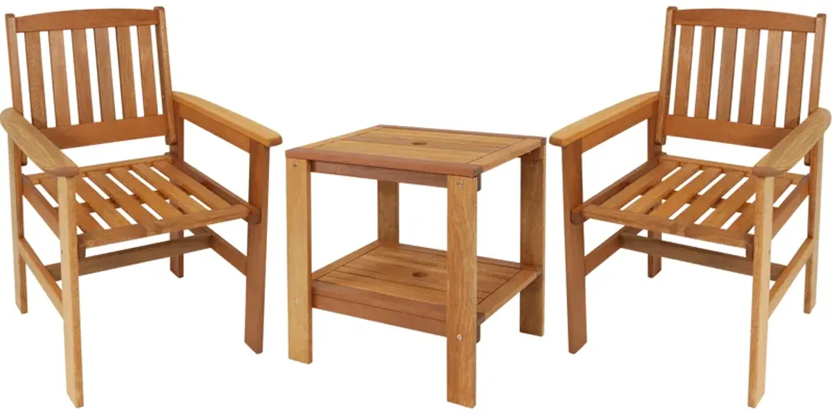 Sunnydaze Meranti Wood 3-Piece Patio Conversation Set with 2 Chairs