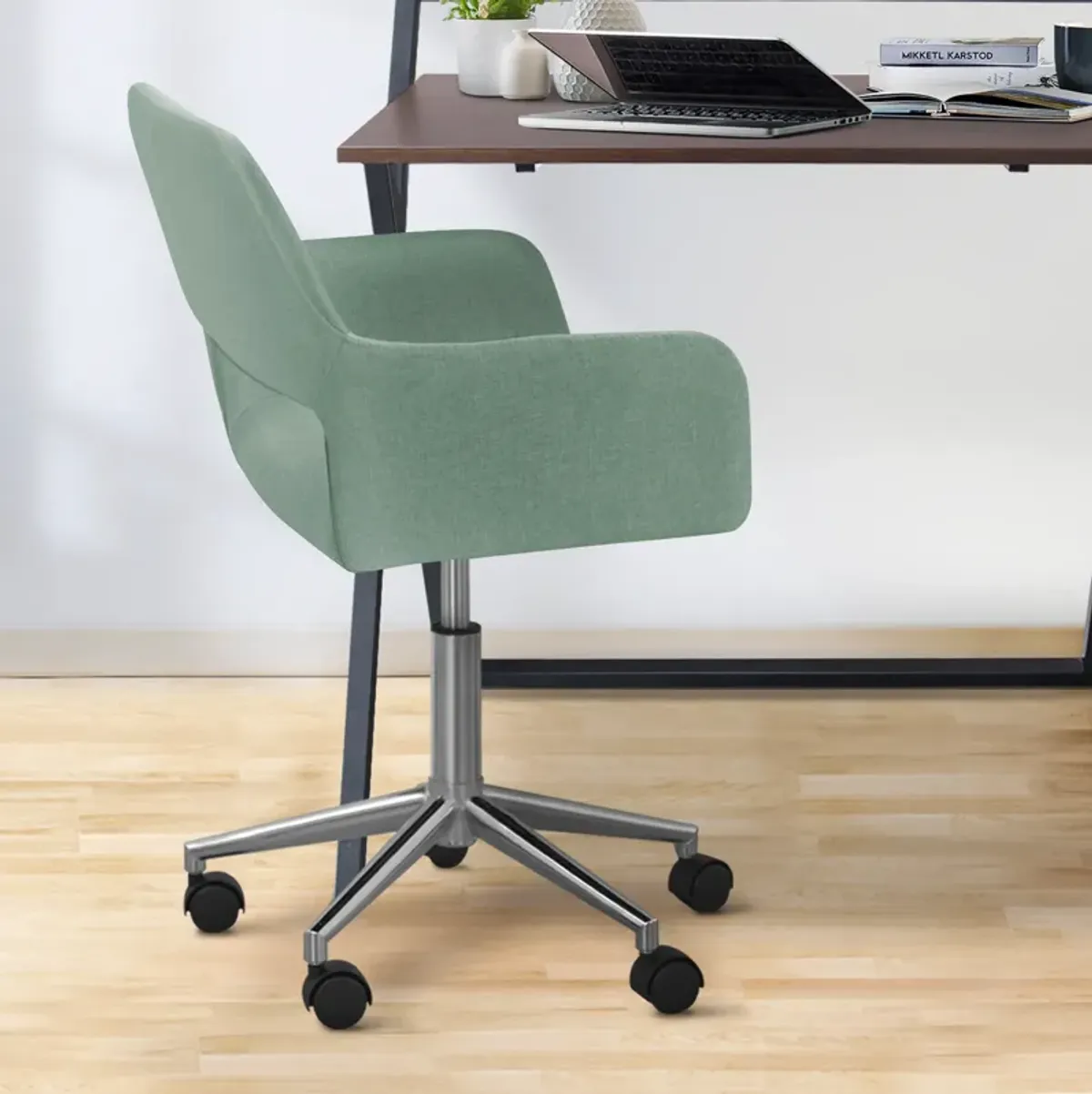 Teamson Home Modern Linen-Style Fabric Office Swivel Chair with Wheels, Mint/Chrome