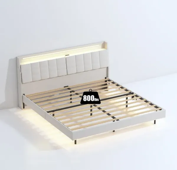 MONDAWE Queen Floating Bed Frame with LED Light and Charging Station with Headboard and Hidden Storage Space