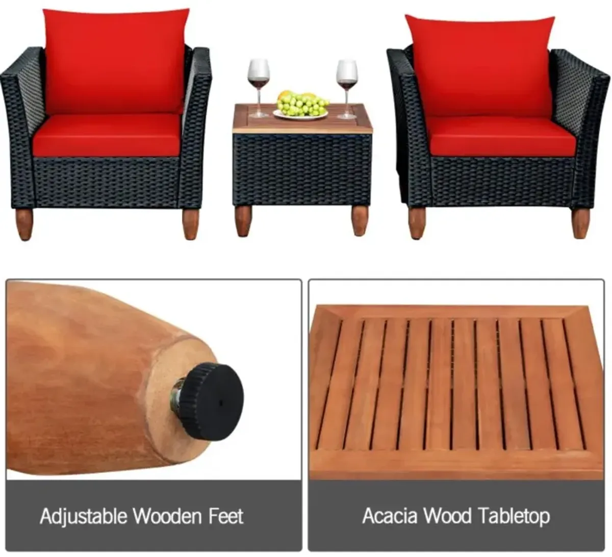 Hivvago 3 Pieces Patio Wicker Furniture Set with Cushions and Acacia Wood Coffee Table Outdoor