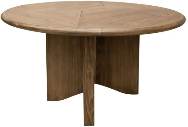 Loe 54 Inch Dining Table, Cross Base Round Top, Solid Wood Brown Oak Veneer - Benzara