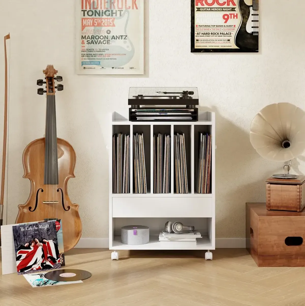 Rolling Turntable Stand with Drawer and Vinyl Record Storage