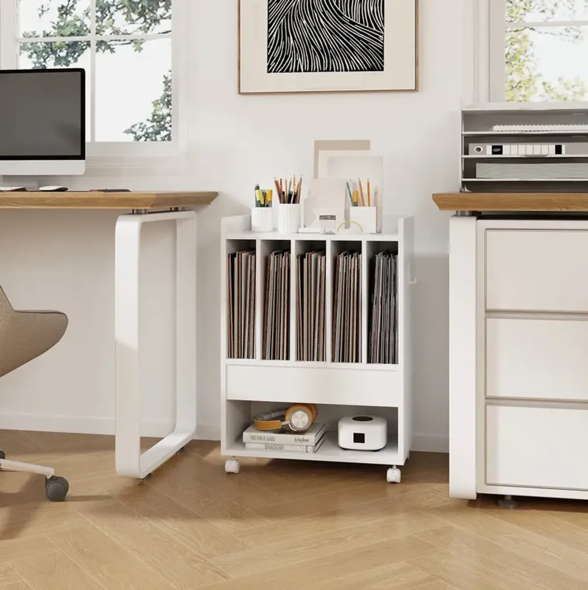 Rolling Turntable Stand with Drawer and Vinyl Record Storage