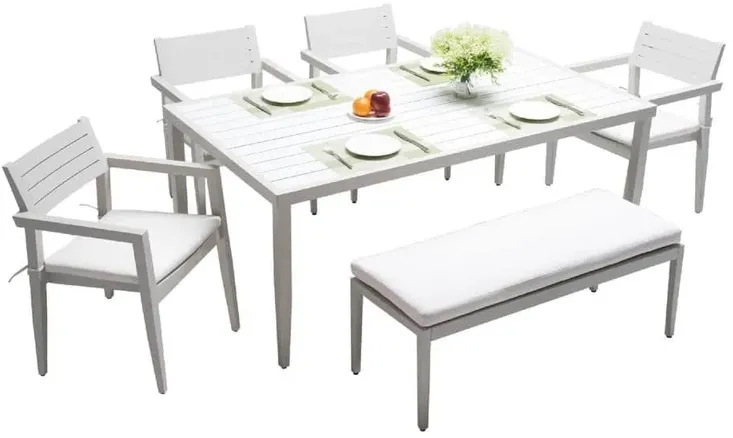 MONDAWE 6-Piece Modern Aluminum Patio Dining Set with 4 Chairs & 1 Dining Bench and Rectangle Table with Umbrella Hole