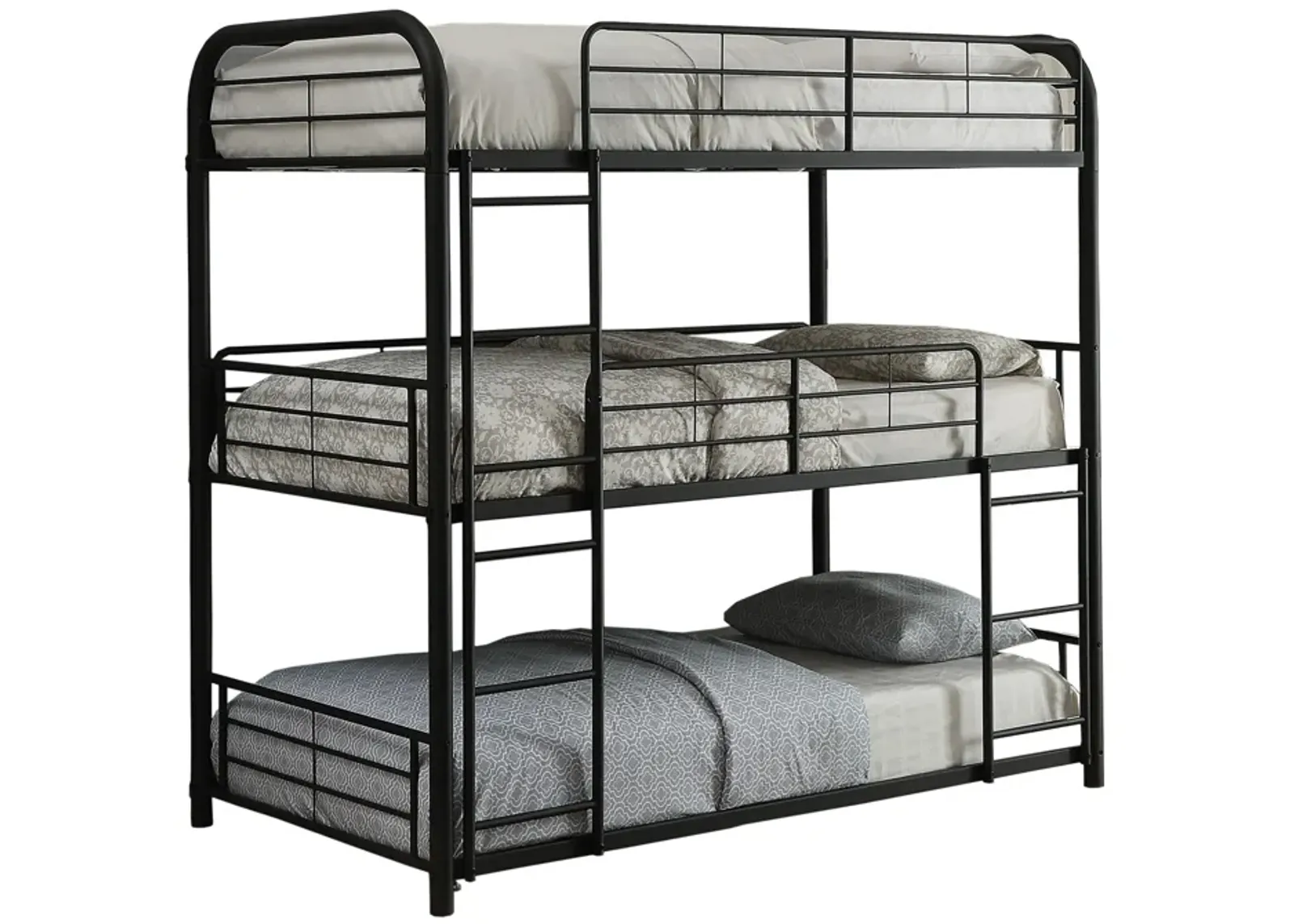 Triple Layer Full Size Metal Bunk Bed with Attached Ladder, Black-Benzara