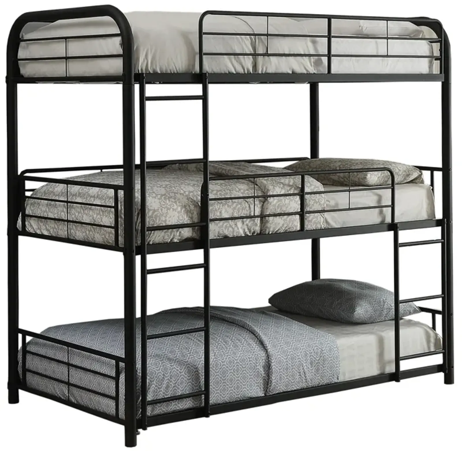 Triple Layer Full Size Metal Bunk Bed with Attached Ladder, Black-Benzara