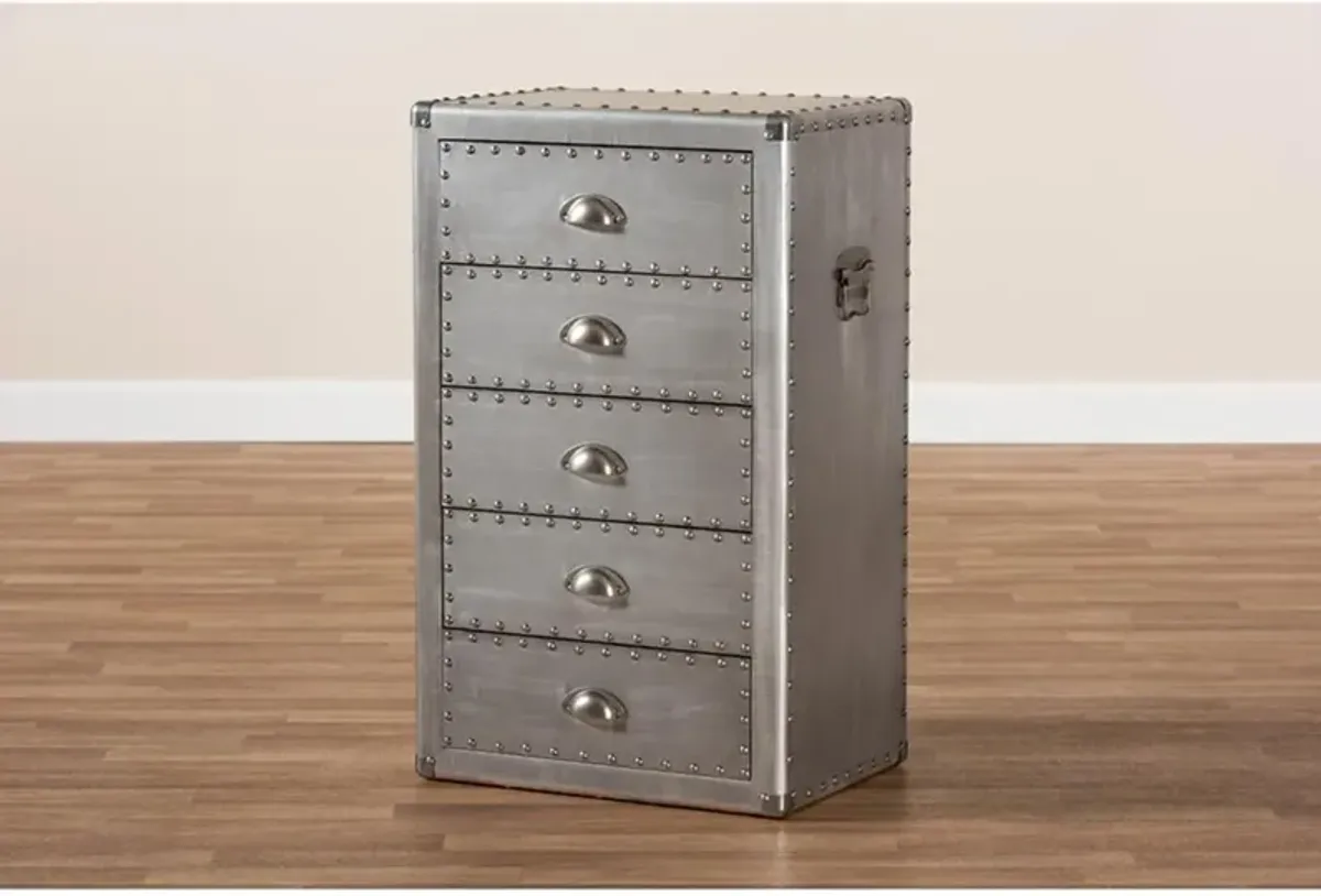 Davet French Industrial Silver Metal 5-Drawer Accent Storage Cabinet