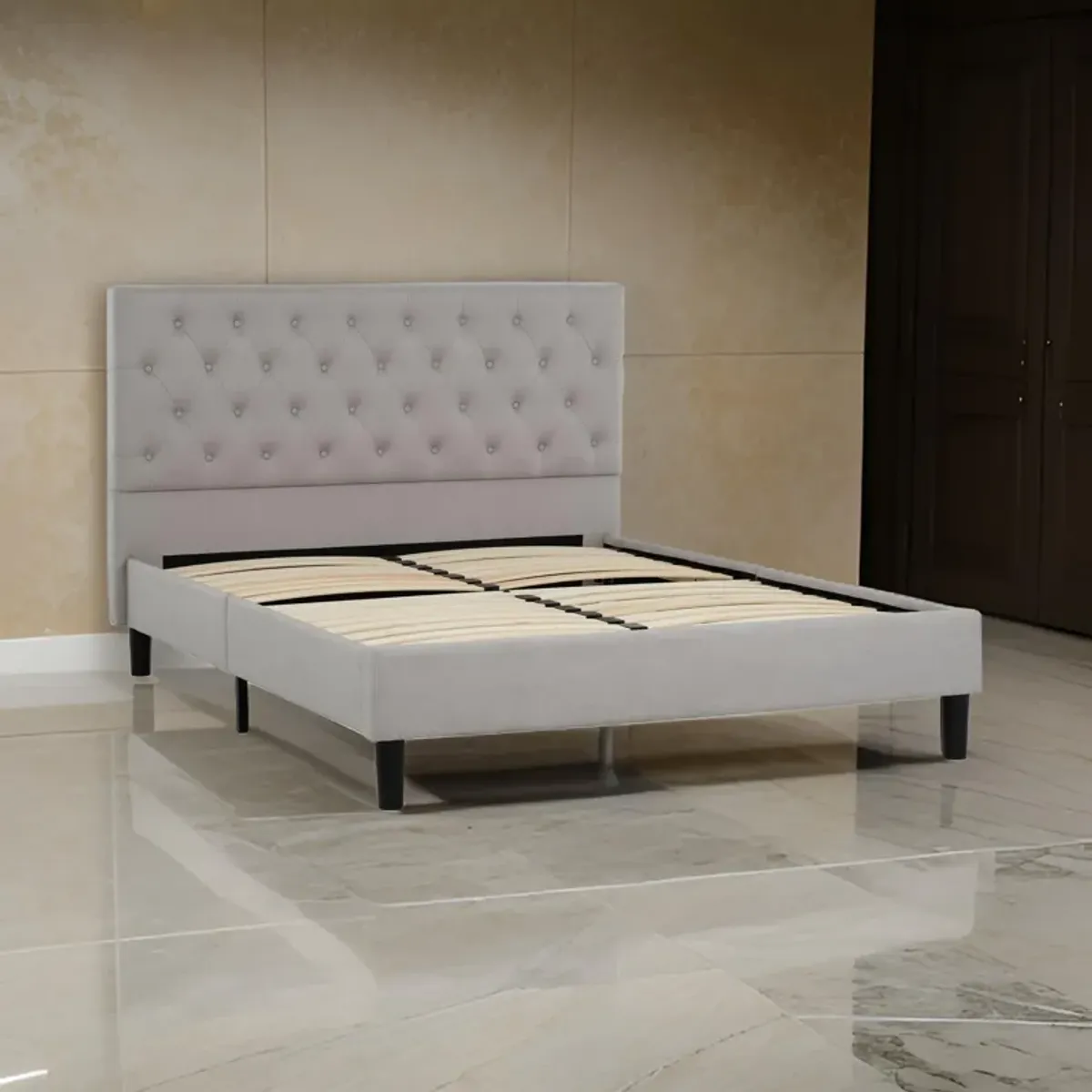 Ani Queen Size Platform Bed, Cushioned Tufted Gray Polyester Upholstery - Benzara