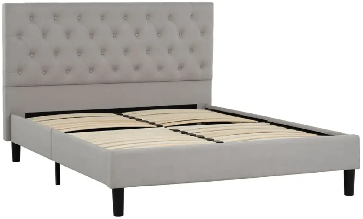 Ani Queen Size Platform Bed, Cushioned Tufted Gray Polyester Upholstery - Benzara
