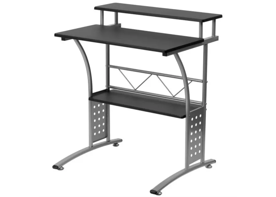 Hivvago Modern Metal Frame Computer Desk with Black Laminate Top and Raised Shelf