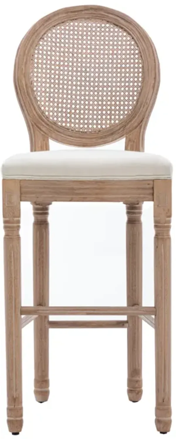 French Country Wooden Barstools Rattan Back With Upholstered Seating, Beige and Natural, Set of 2