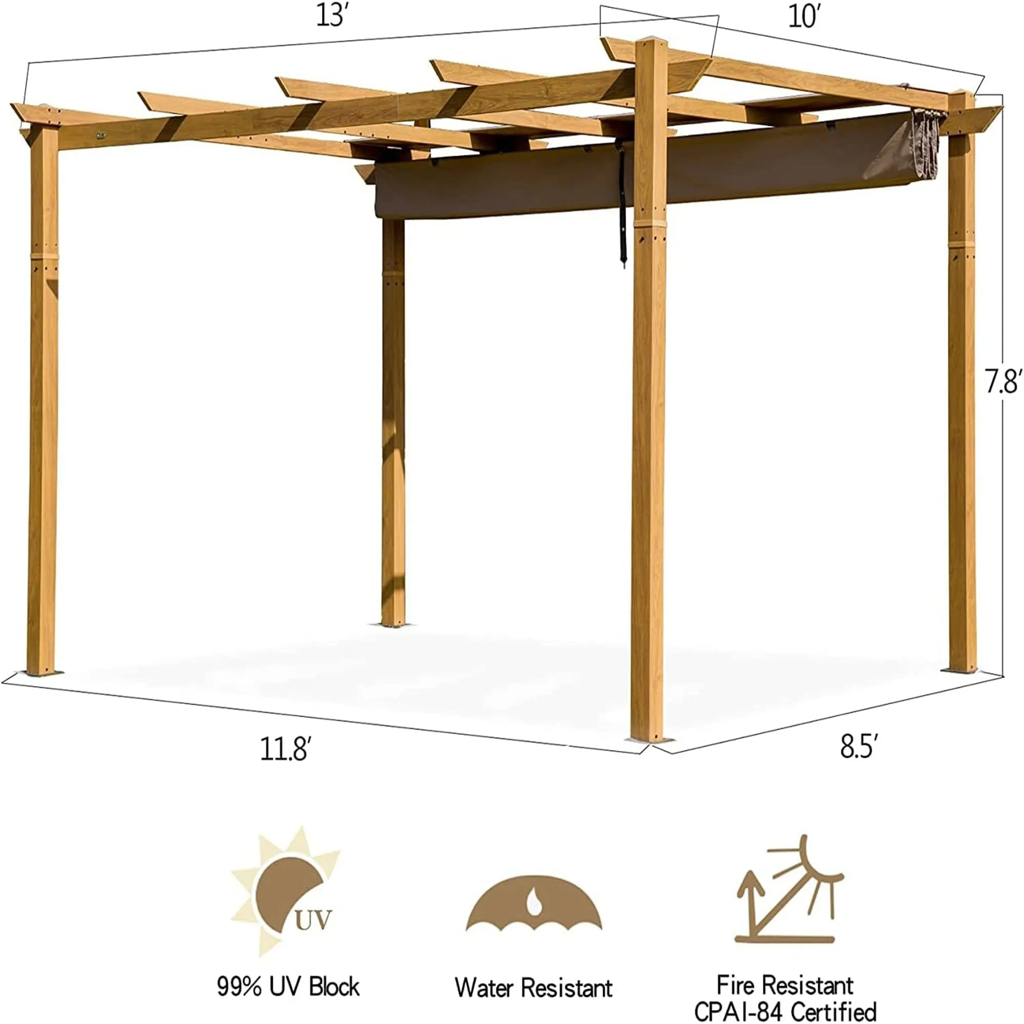 MONDAWE 10 ft. x 13 ft. Outdoor Pergola Aluminum Wood Looking Frame Retractable Canopy Heavy Duty Grape Trellis Sunshade Cover