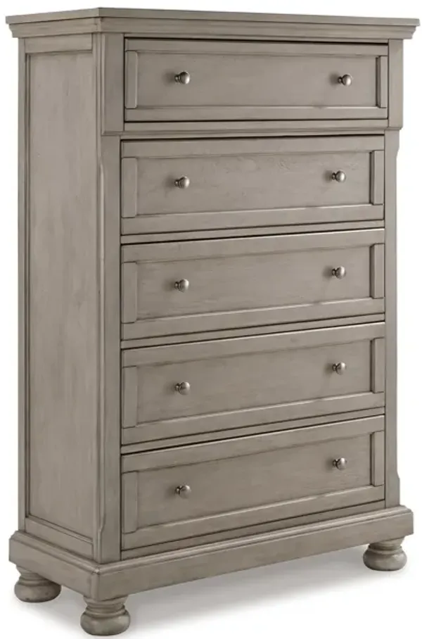 Ryno Tall Dresser Chest, 5 Drawer, Pull Tray, Silver Round Knobs, Gray - Benzara