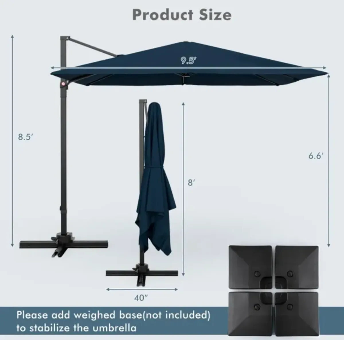 Hivvago 9.5 Feet Square Patio Cantilever Umbrella with 360° Rotation