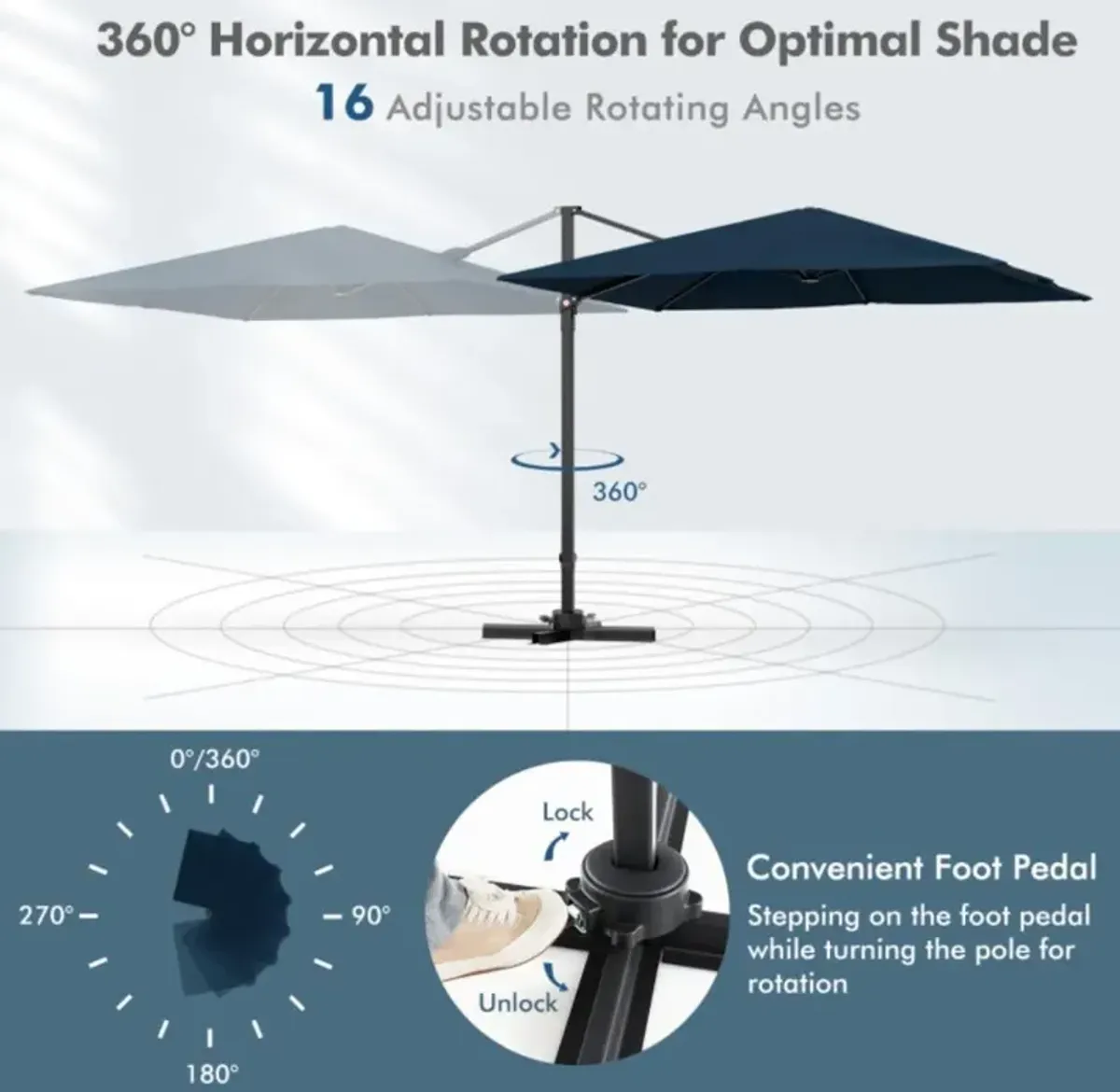 Hivvago 9.5 Feet Square Patio Cantilever Umbrella with 360° Rotation