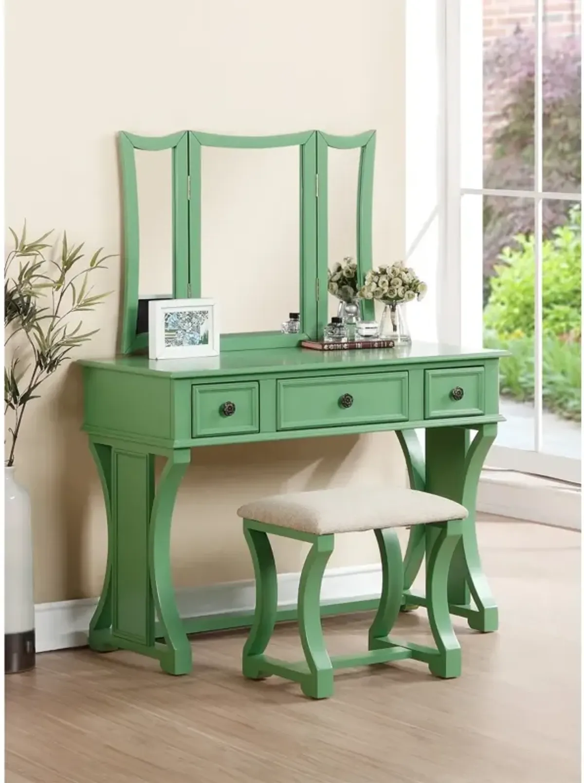 Modern Apple Color Vanity Set with Mirror & Stool