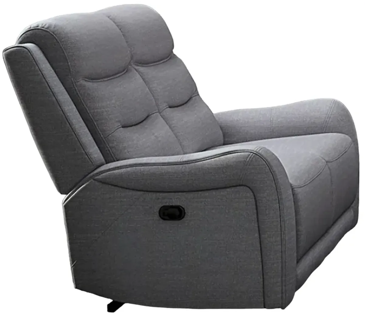 Clair Manual Recliner Loveseat, Scrolled Arms, 40 Inch, Solid Wood, Gray