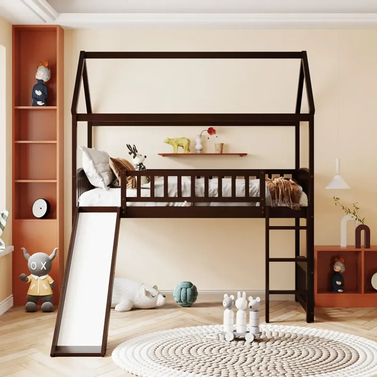 Whisen Modern Design Twin Size Loft Bed House Bed with Slide - White