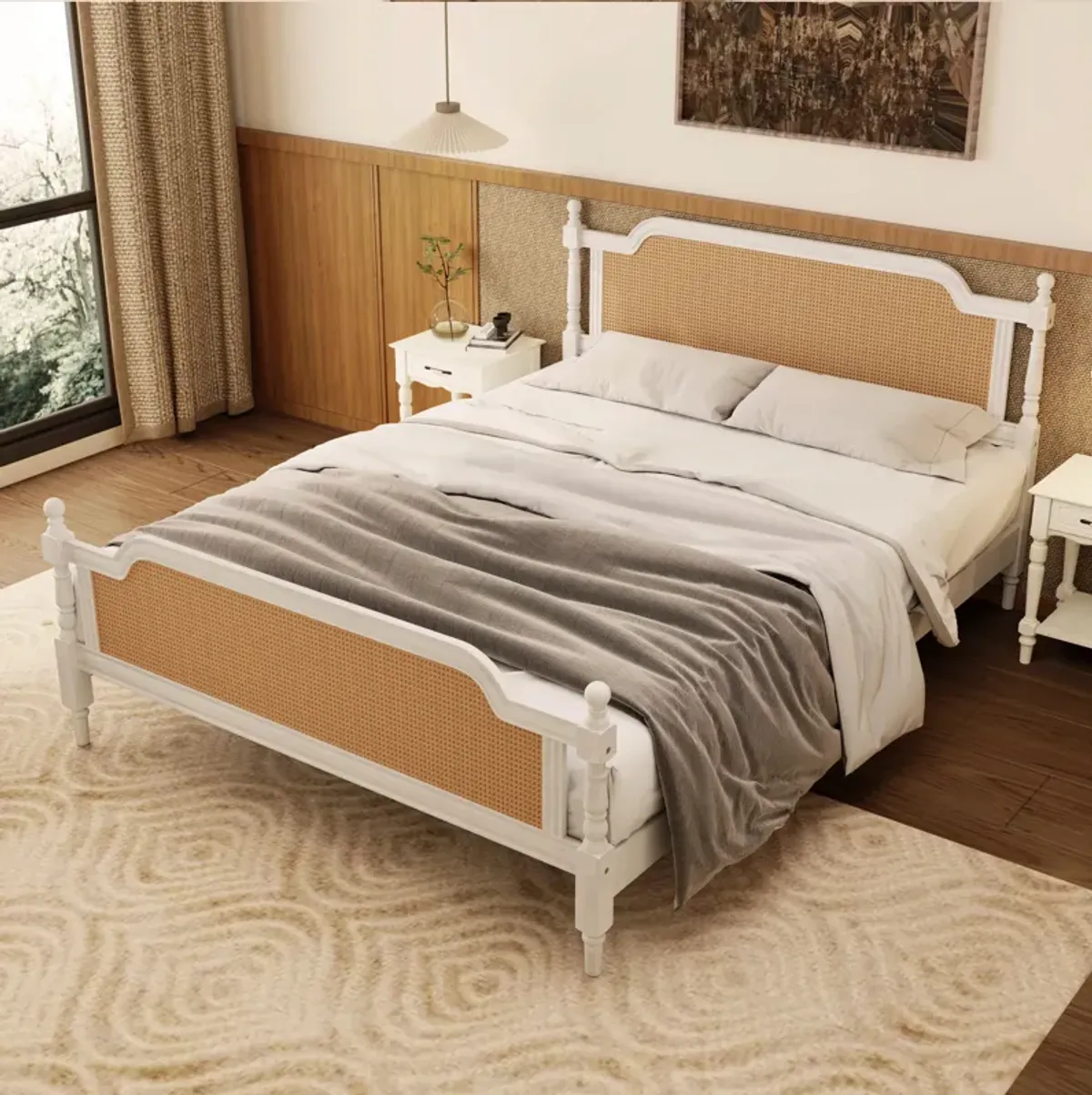 Merax Platform Bed Frame with Rattan Headboard