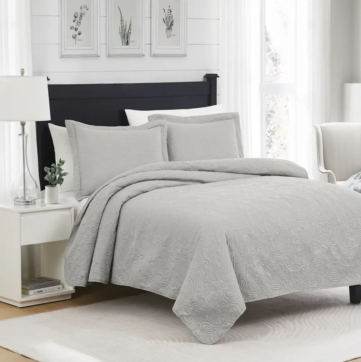 RT Designers Collection Milla 3pc Pinsonic All Season Quilt Set for Revitalize Bedroom Queen Silver