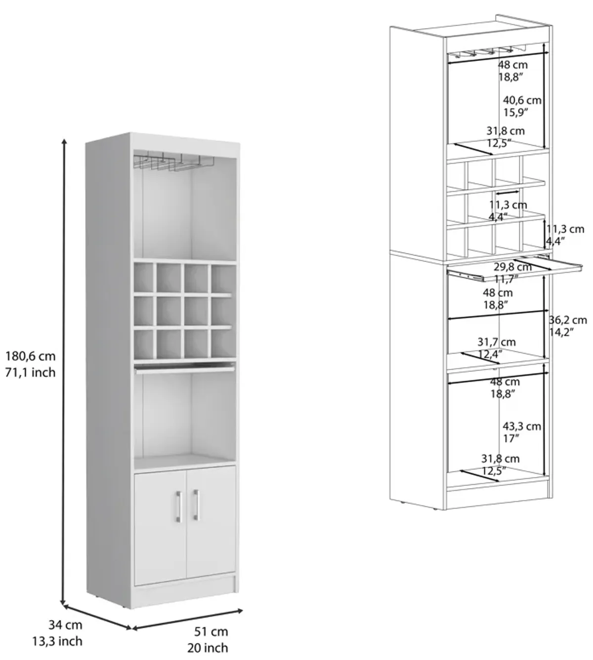 Pisek Bar Cabinet 5-Tier, Wine Cabinet, Liquor Cabinet, 12 Bottle Cubbies, 5 Shelves, White, Living Room