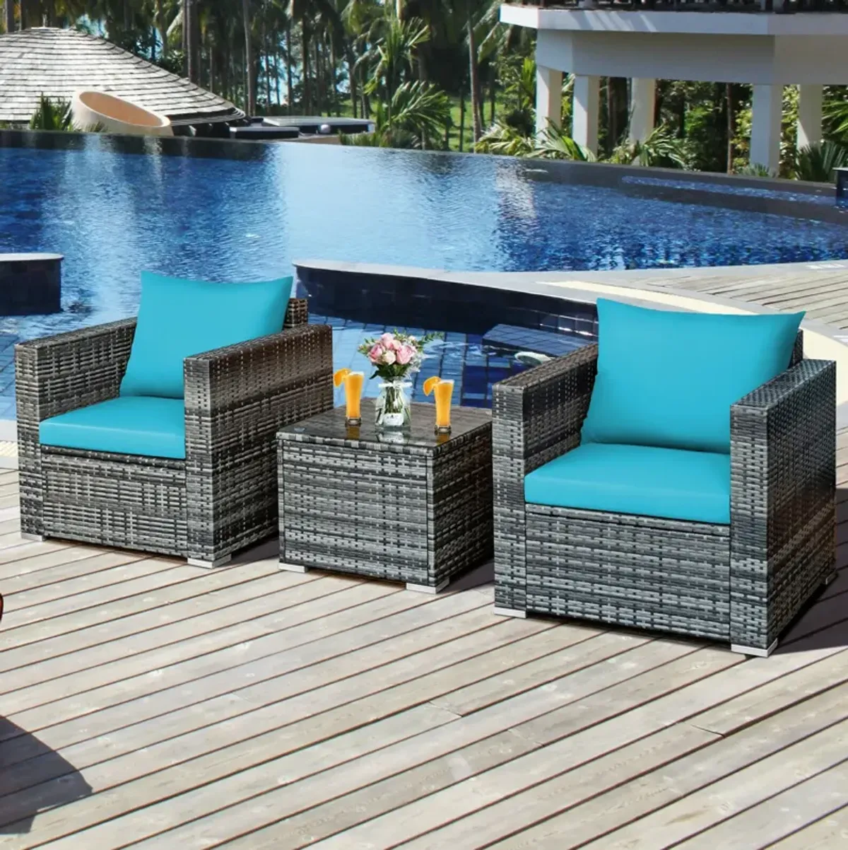 3 Pcs Patio Rattan Furniture Bistro Sofa Set with Cushioned