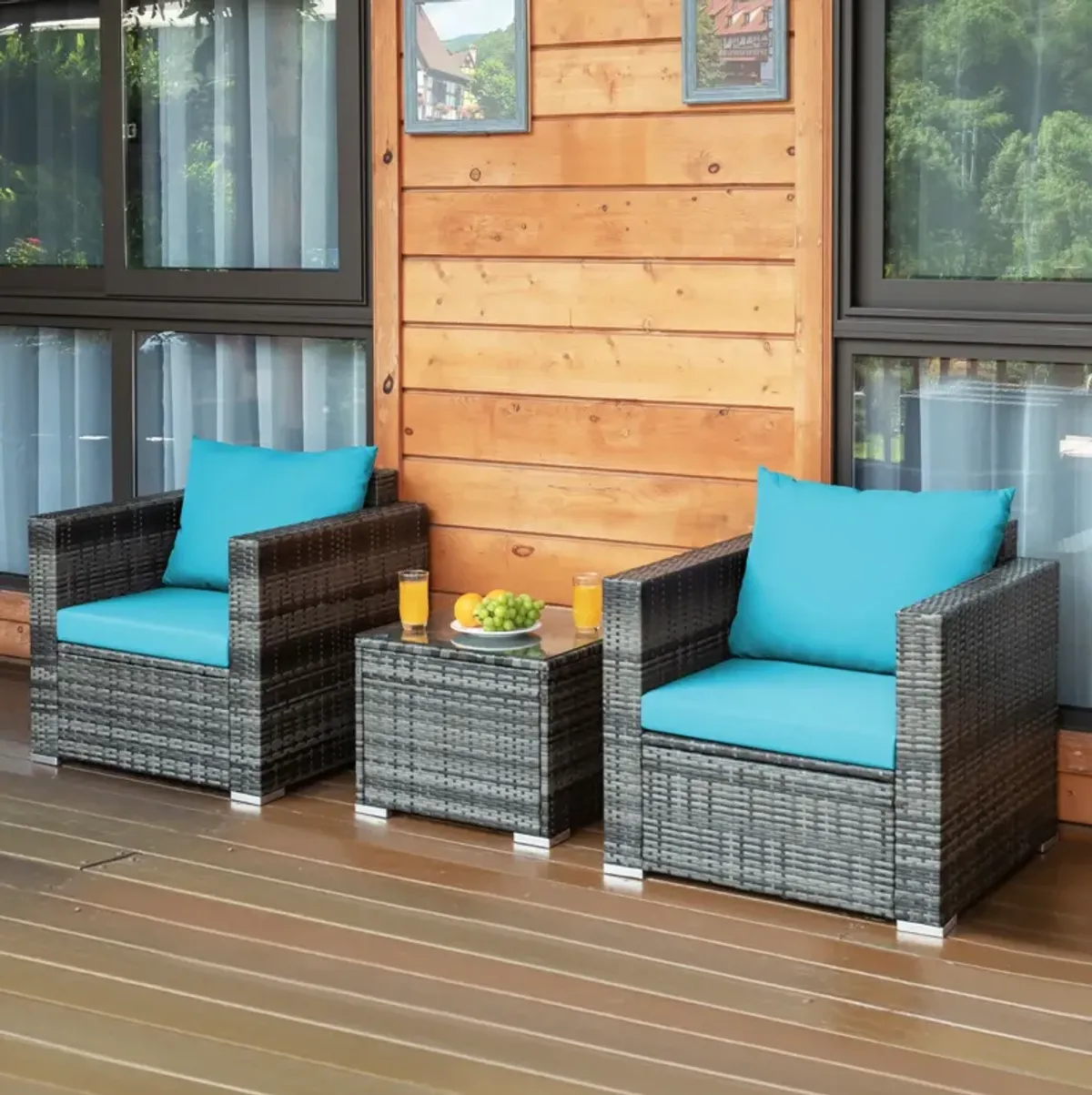 3 Pcs Patio Rattan Furniture Bistro Sofa Set with Cushioned