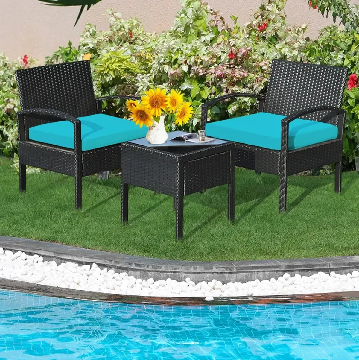 3 Pieces Outdoor Rattan Patio Conversation Set with Seat Cushions