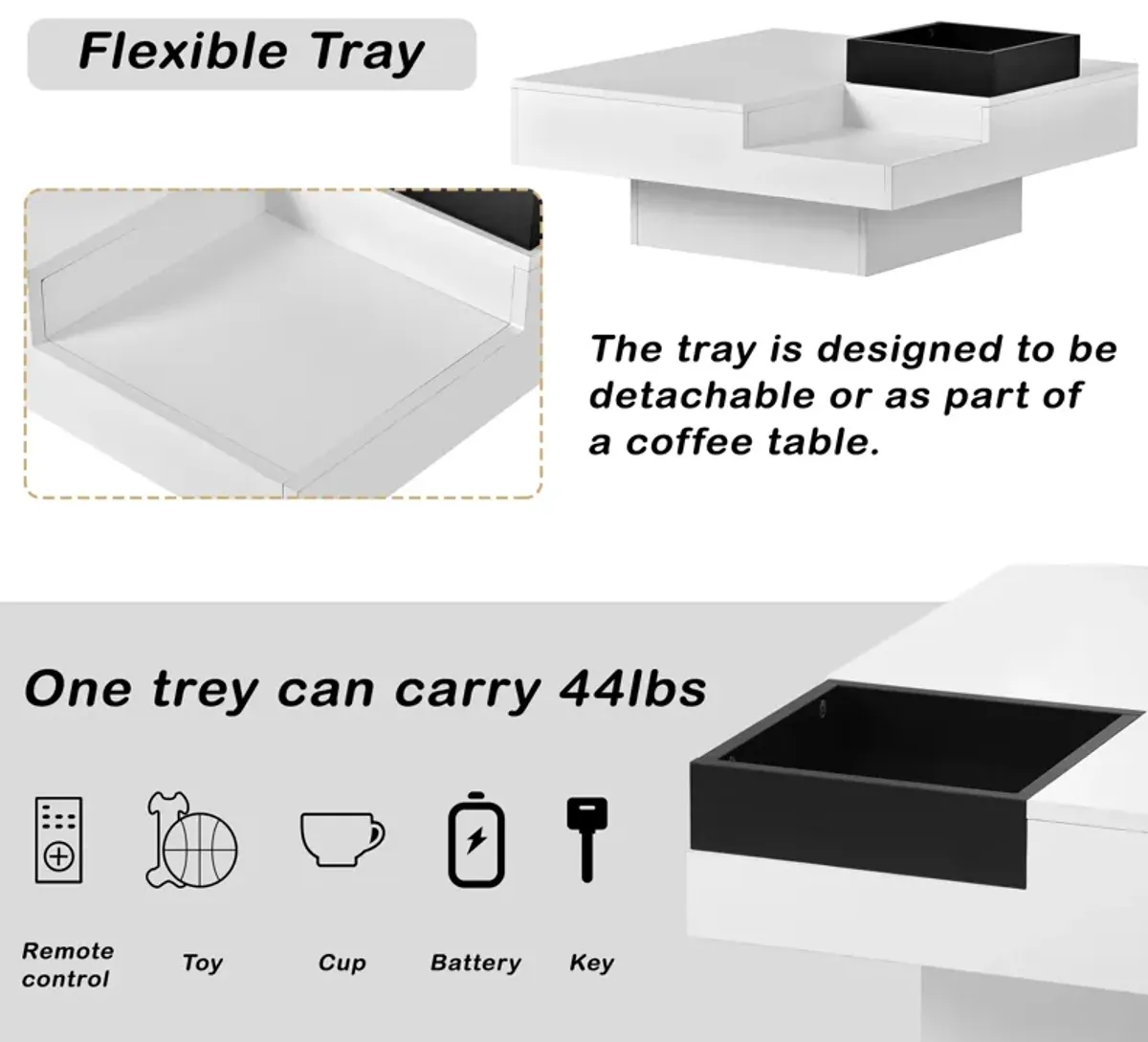 Minimalist Design Square Coffee Table with Detachable Tray & Plug-in LED Strip Lights Remote Control for Living Room