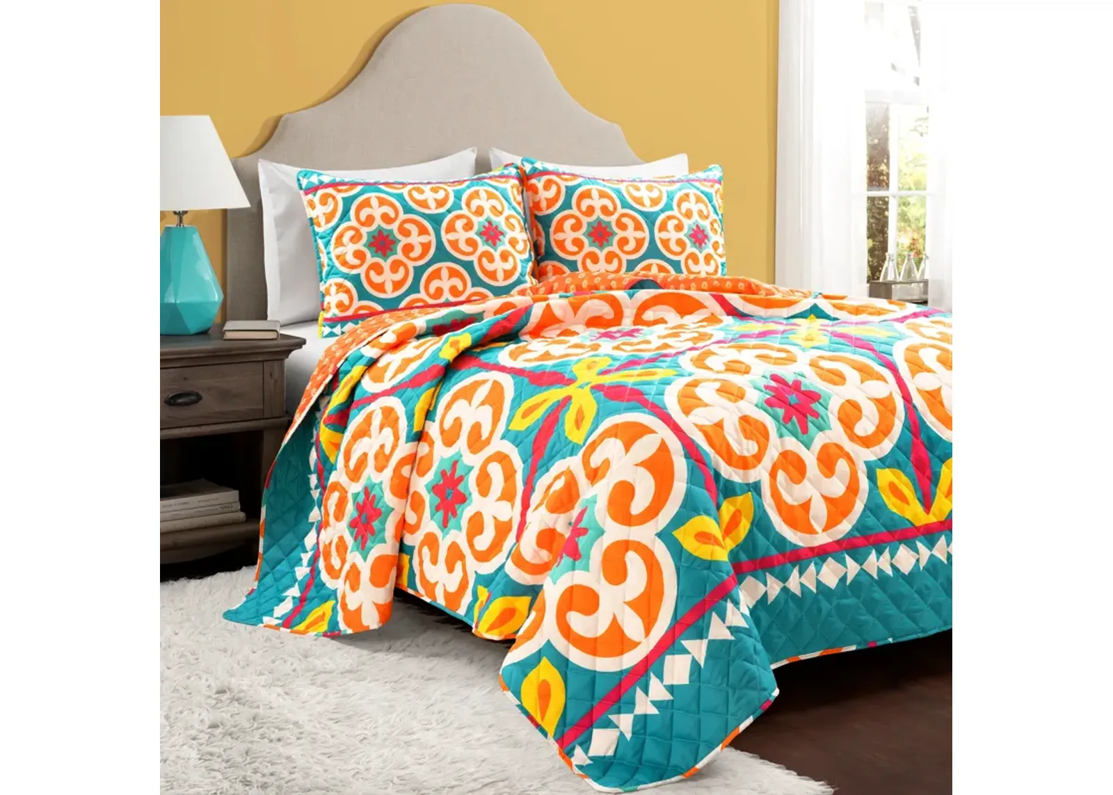 Boho Floral Reversible Oversized Quilt 3Pc Set