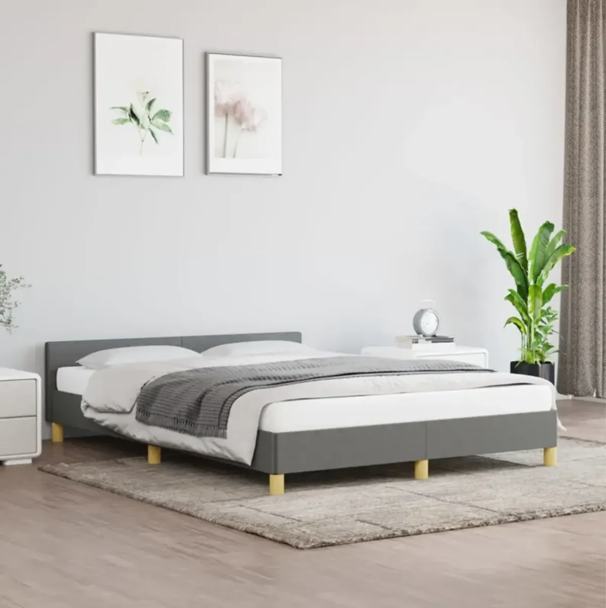 vidaXL Full Fabric Bed Frame with Headboard - Dark Gray Double Bed, 100% Polyester Material & Engineered Wood, Modern Bedroom Furniture, 53.9"x74.8" Sleep Area