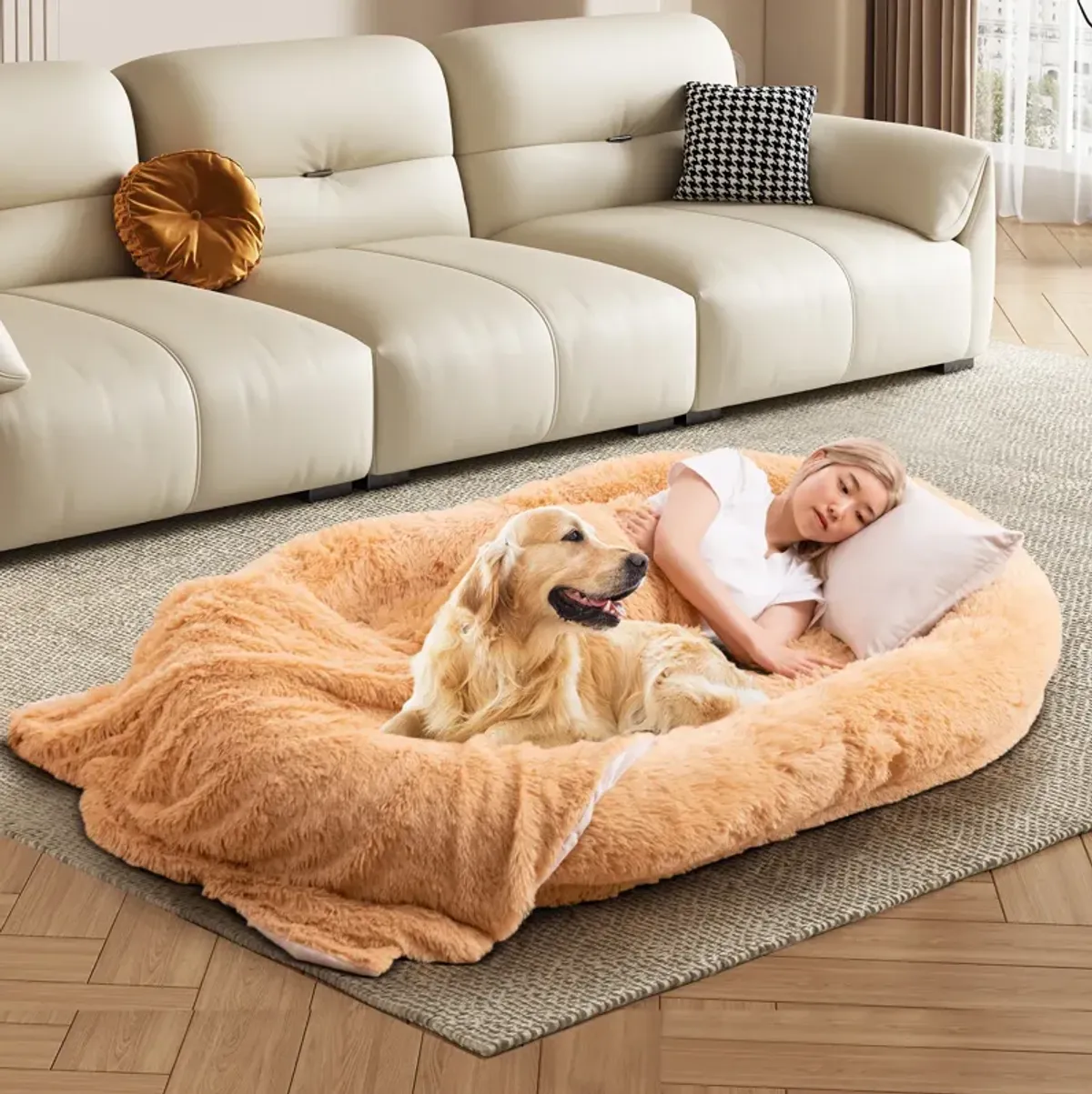 Washable Fluffy Human Dog Bed with Soft Blanket and Plump Pillow – Cozy Pet Bed for Comfort and Rest