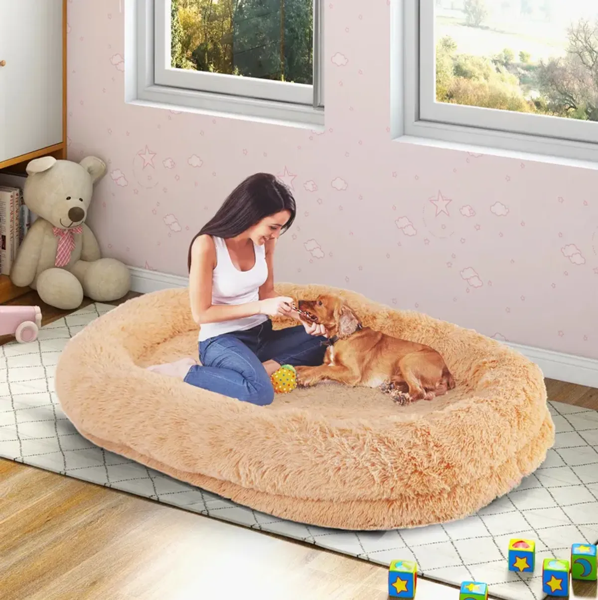 Washable Fluffy Human Dog Bed with Soft Blanket and Plump Pillow – Cozy Pet Bed for Comfort and Rest