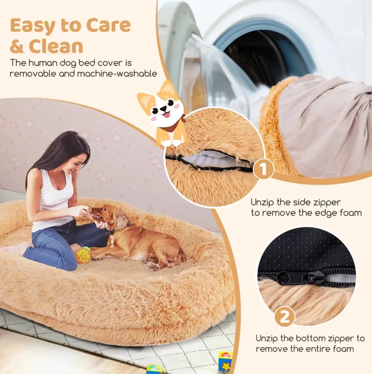 Washable Fluffy Human Dog Bed with Soft Blanket and Plump Pillow – Cozy Pet Bed for Comfort and Rest