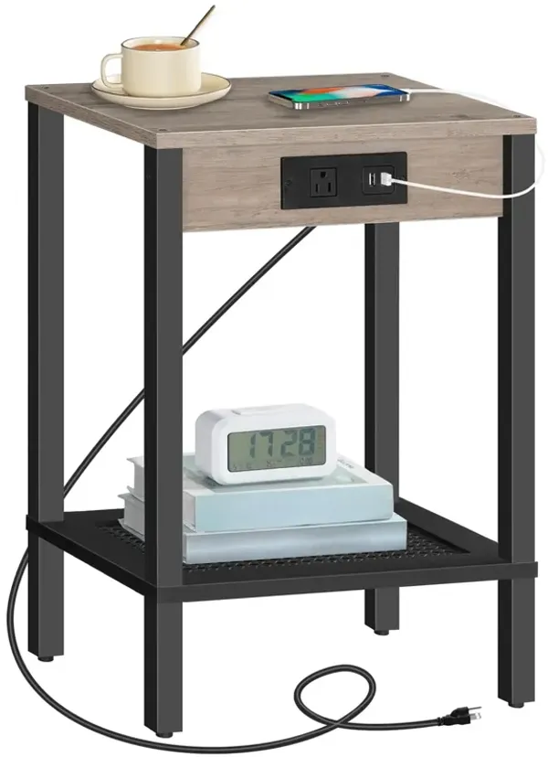 HOOBRO Side Table with Charging Station, End Table with USB Ports and Outlet, Nightstand with Storage Shelf, Faux Rattan Decorat