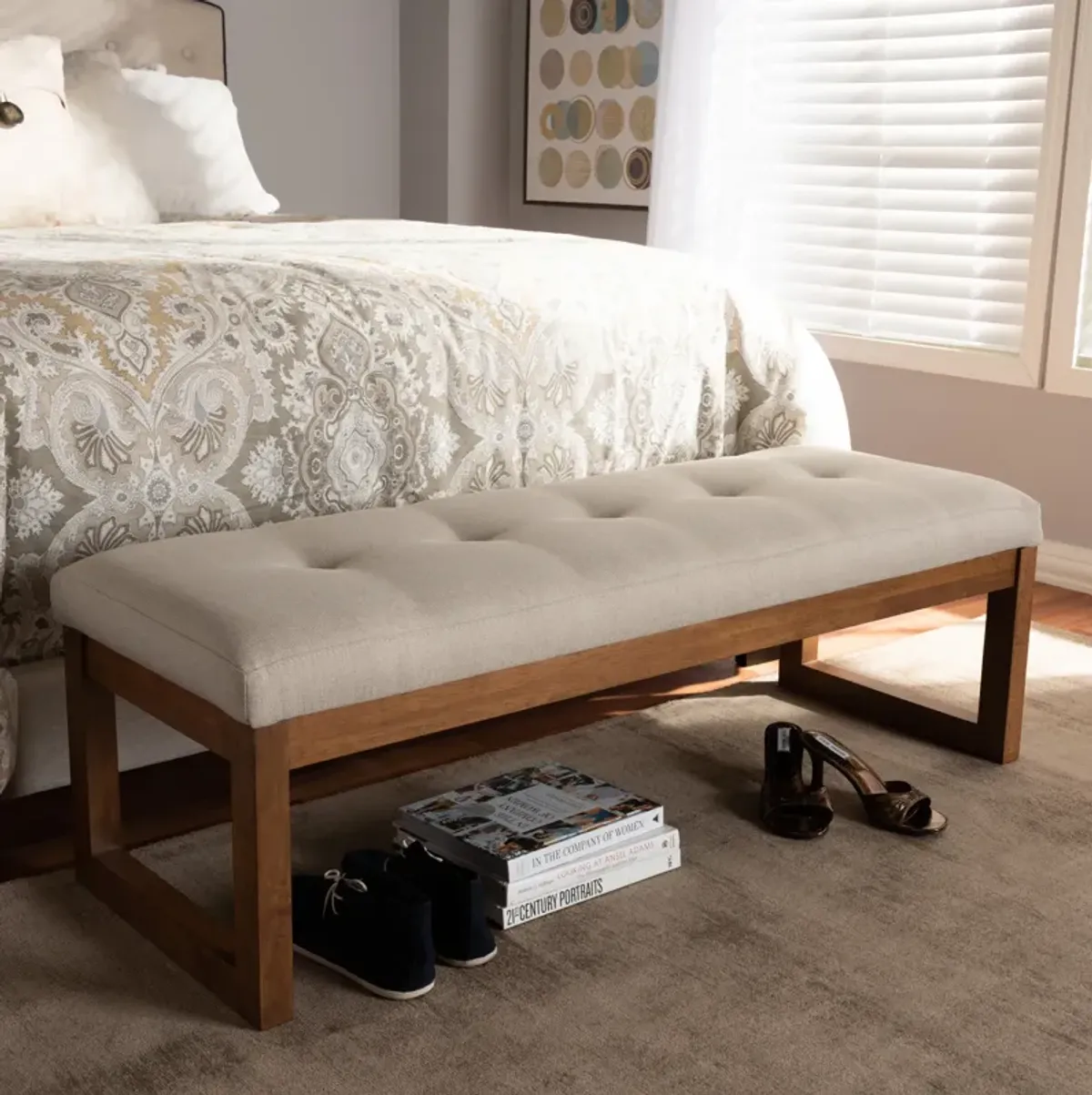 Baxton Studio Caramay Modern Light Beige Fabric Upholstered Walnut Brown Finished Wood Bench