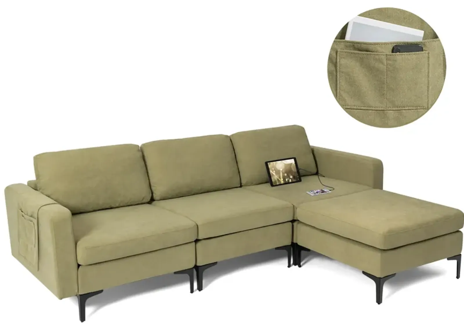 Costway Modular L-shaped 3 Seat Sectional Sofa w/ Reversible Chaise & 2 USB Ports