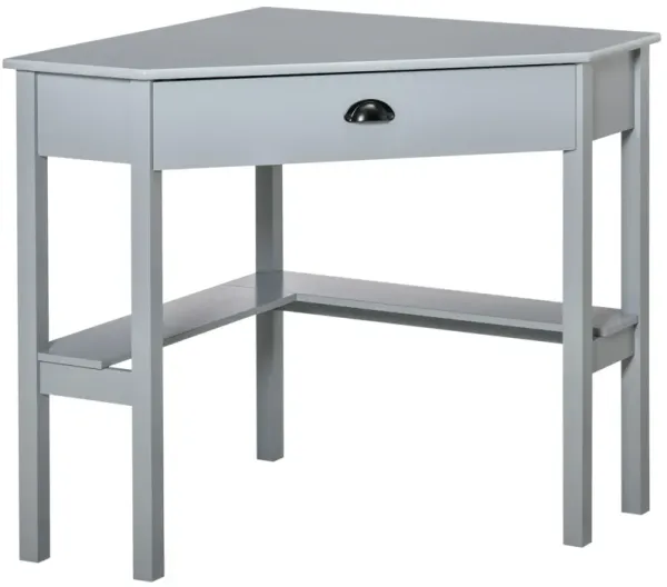 Grey Corner Desk: Triangle, Drawer, Storage Shelves, Small Spaces