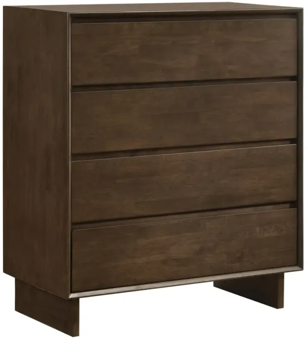 Genu Tall Dresser Chest, 4 Drawers, Fingertip Handles, Walnut Brown - Benzara