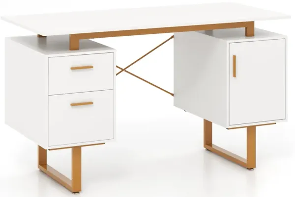 Computer Desk with Floating Desktop Design and Dual Storage Drawers