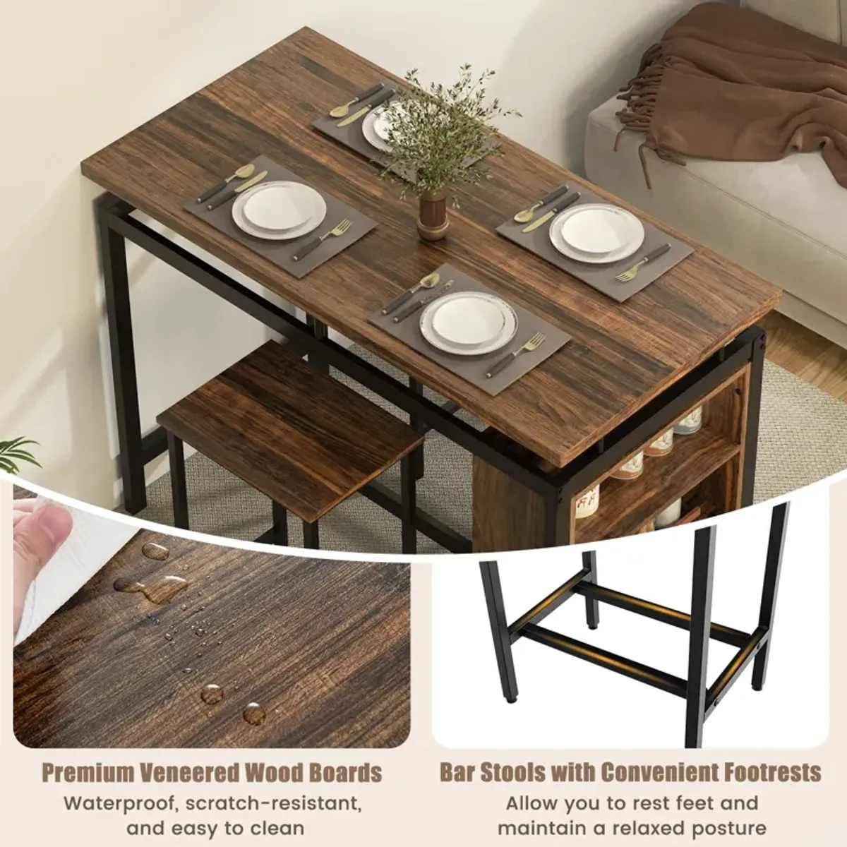 3 Pieces Dining Table Set with 3-Tier Storage Shelf and Metal Frame-Brown