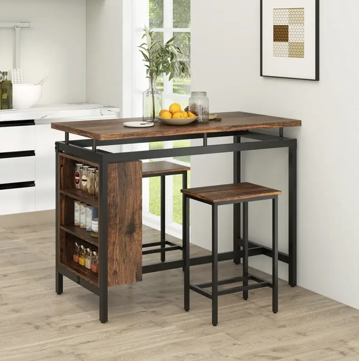 3 Pieces Dining Table Set with 3-Tier Storage Shelf and Metal Frame-Brown